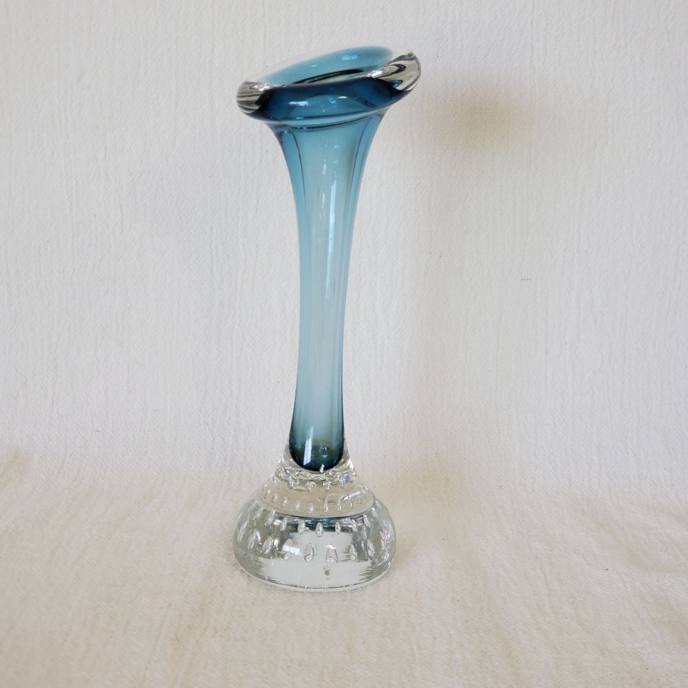 Vintage MCM Blown Glass Vase Controlled Bubbles Clear Base Aseda Sweden